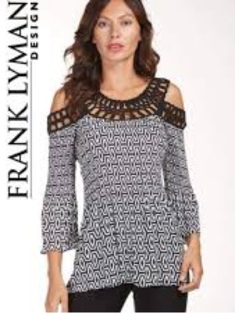 Frank Lyman Design Black & White Geometric Crochet Yoke Top